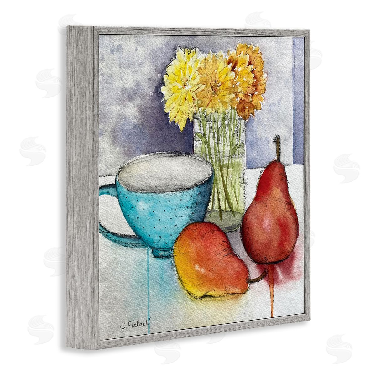 Modern Kitchen Teacup & Fruit Grey Frame Print Wall Art, Home Decor by Stephanie Fielden