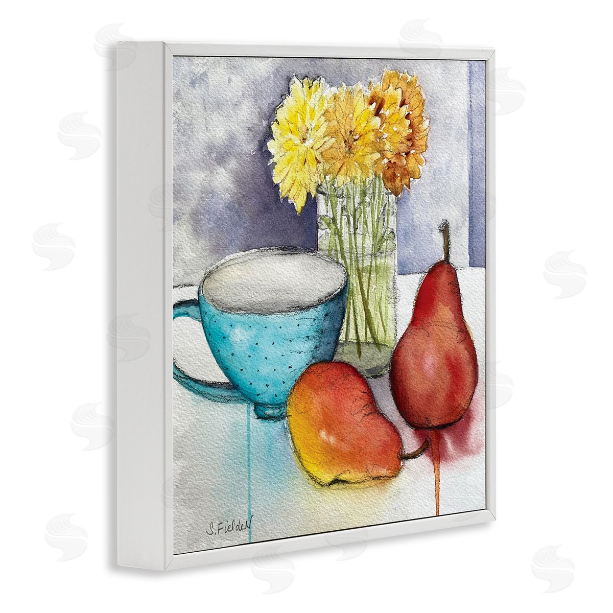 Modern Kitchen Teacup & Fruit White Frame Print Wall Art, Home Decor by Stephanie Fielden