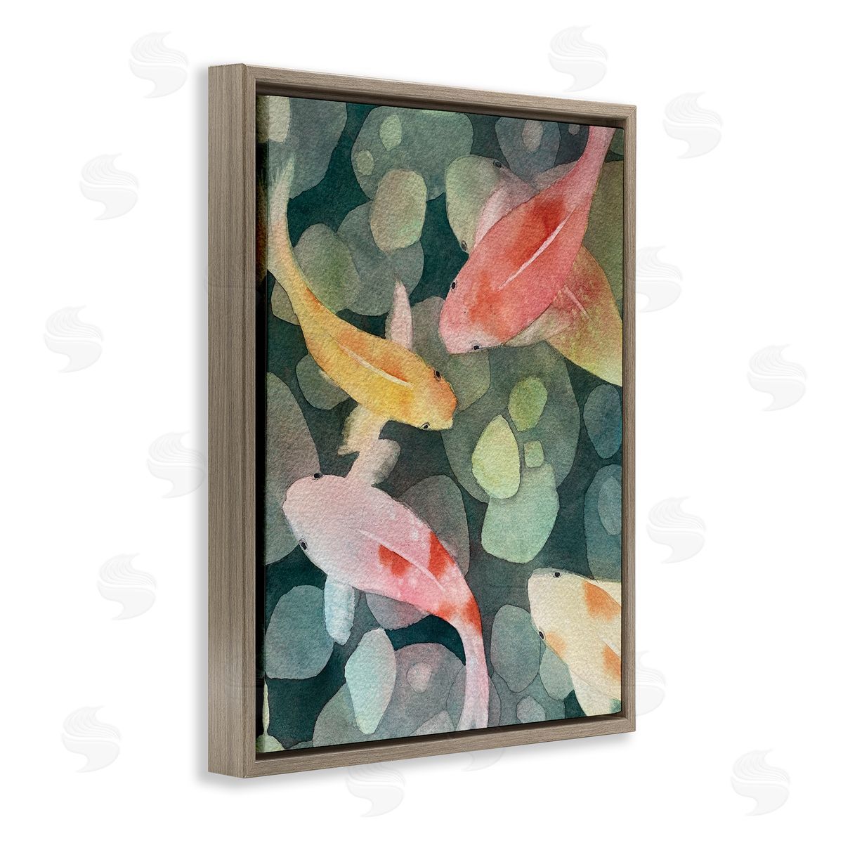 Watercolor Koi Aerial View Brown Floating Frame Canvas Wall Art, Home Decor by Stephanie Fielden