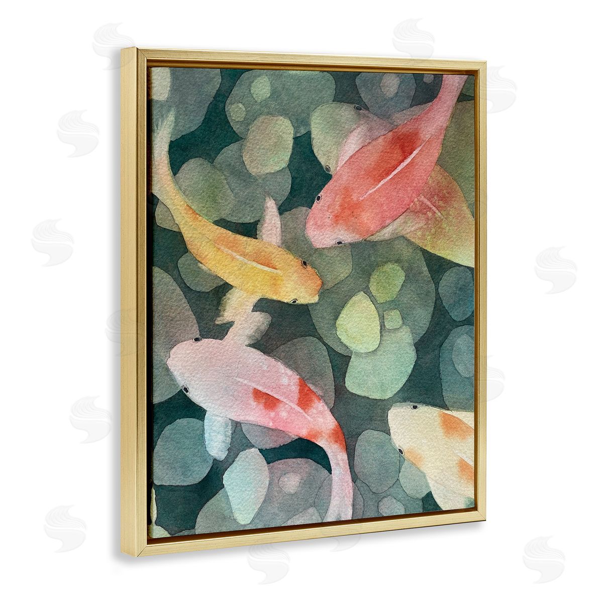 Watercolor Koi Aerial View Gold Floating Frame Canvas Wall Art, Home Decor by Stephanie Fielden
