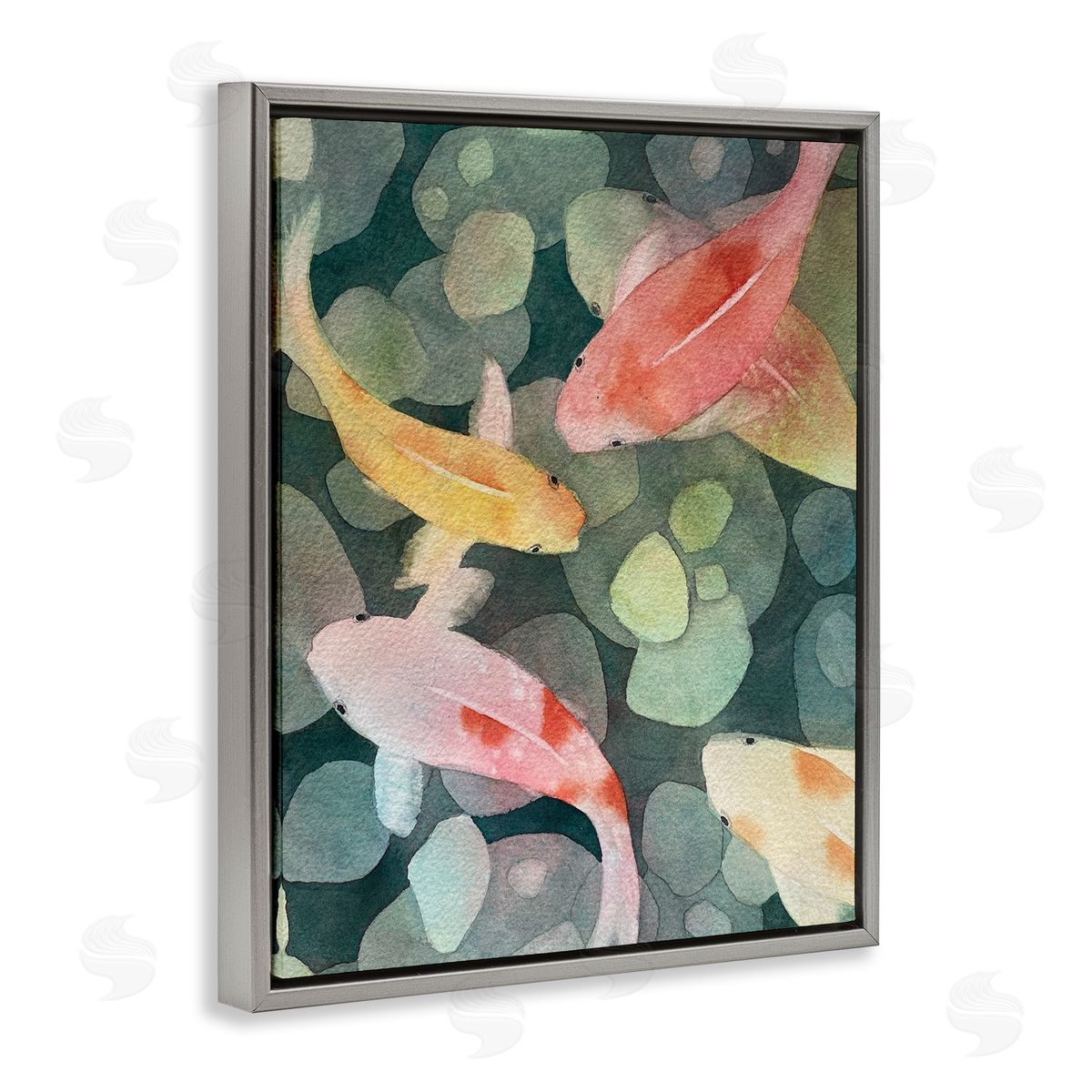 Watercolor Koi Aerial View Grey Floating Frame Canvas Wall Art, Home Decor by Stephanie Fielden