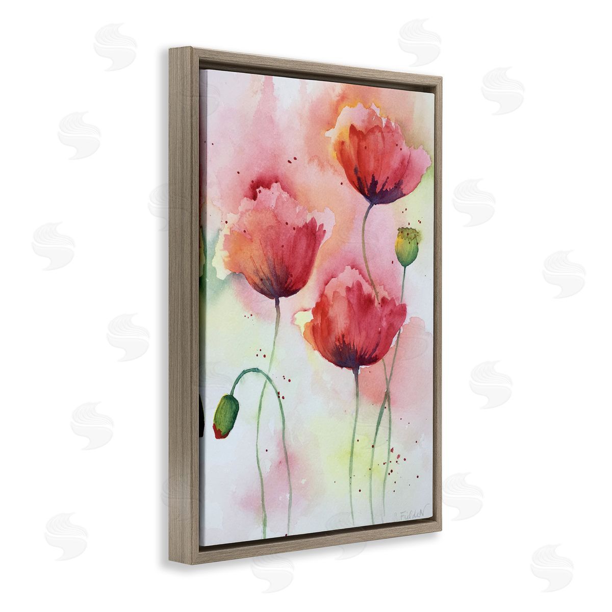 Red Poppies with Speckles Brown Floating Frame Canvas Wall Art, Home Decor by Stephanie Fielden