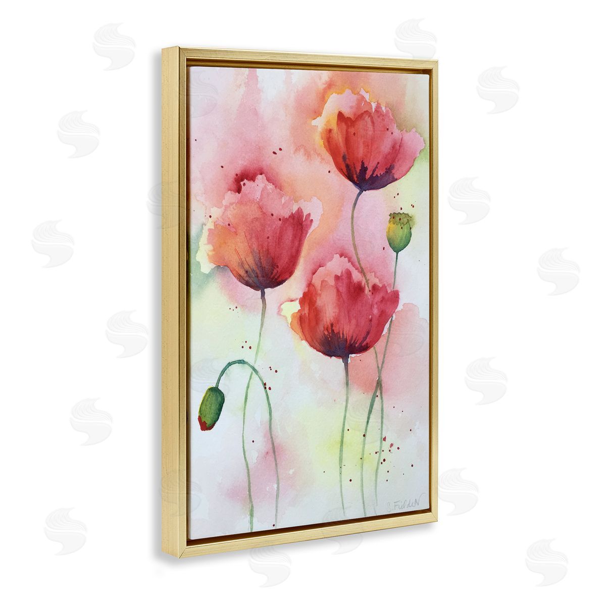 Red Poppies with Speckles Gold Floating Frame Canvas Wall Art, Home Decor by Stephanie Fielden