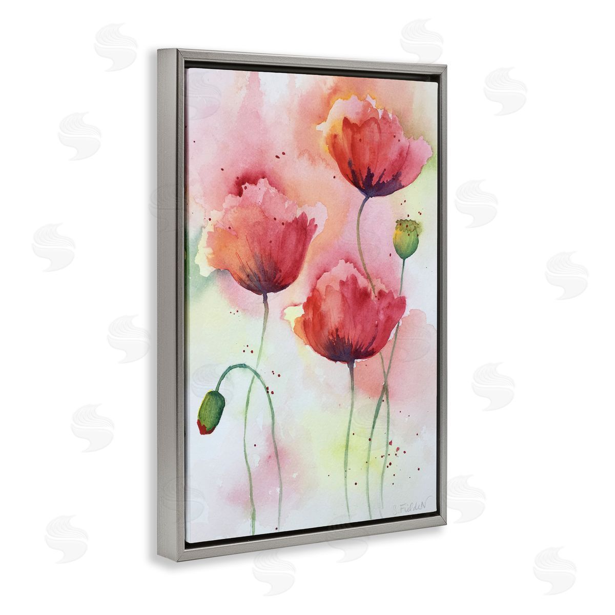 Red Poppies with Speckles Grey Floating Frame Canvas Wall Art, Home Decor by Stephanie Fielden