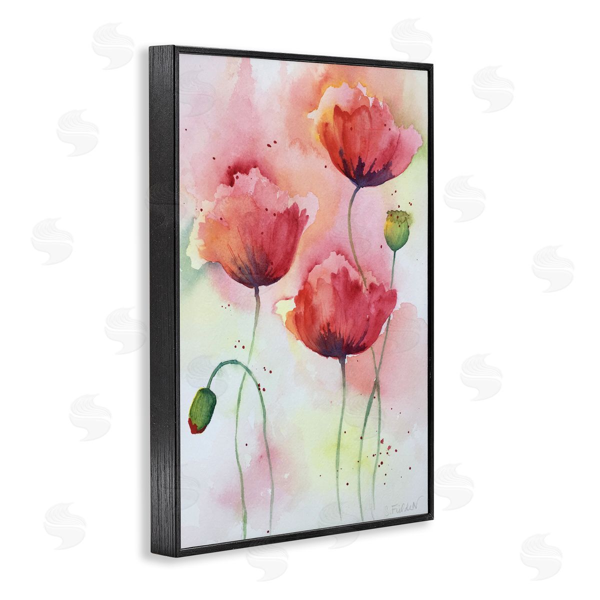 Red Poppies with Speckles Black Frame Print Wall Art, Home Decor by Stephanie Fielden