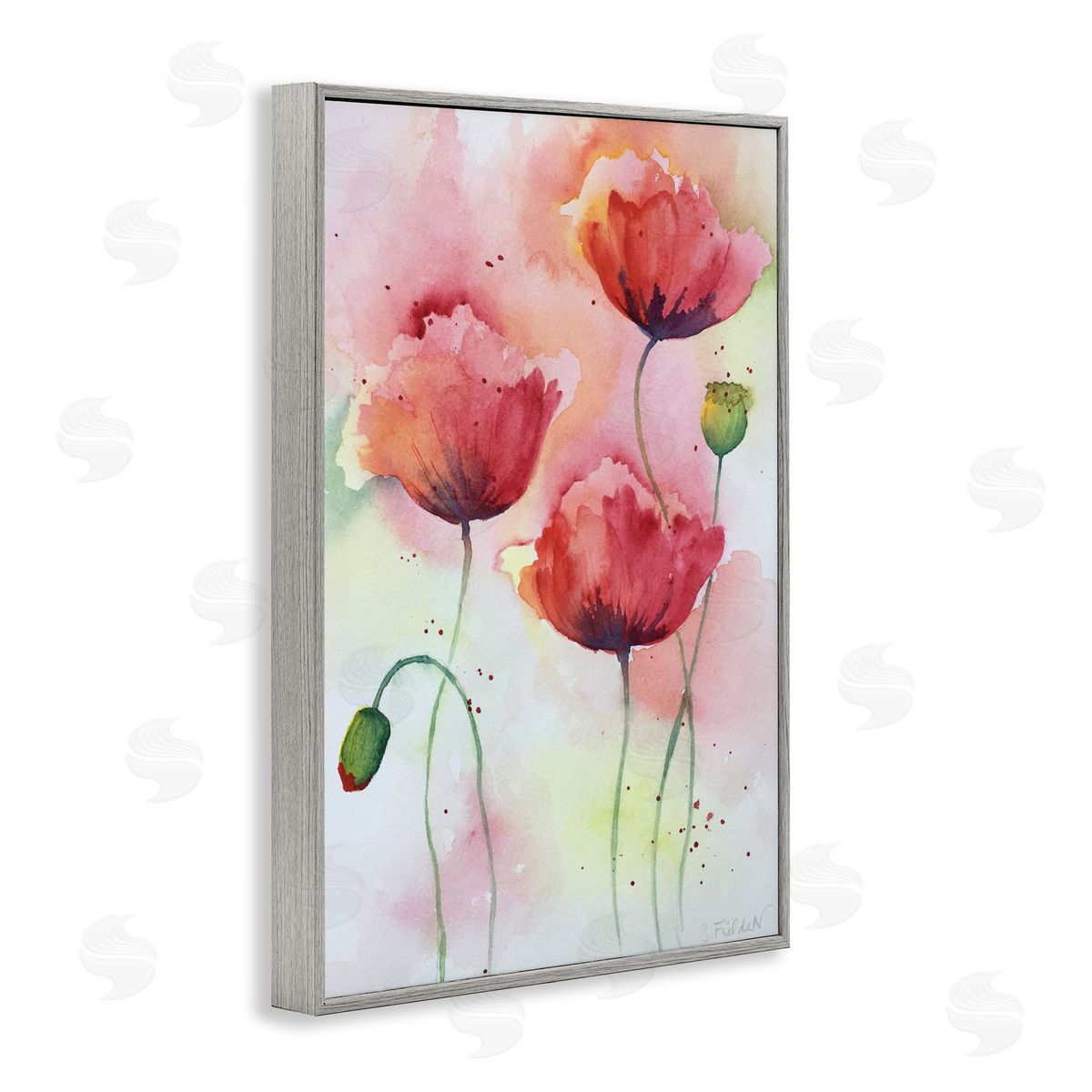Red Poppies with Speckles Grey Frame Print Wall Art, Home Decor by Stephanie Fielden