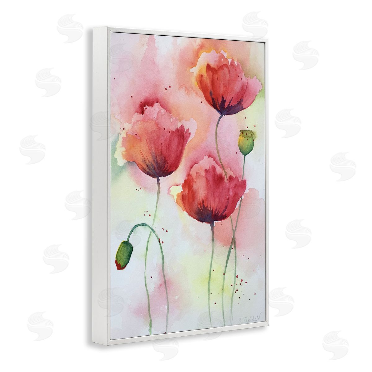 Red Poppies with Speckles White Frame Print Wall Art, Home Decor by Stephanie Fielden