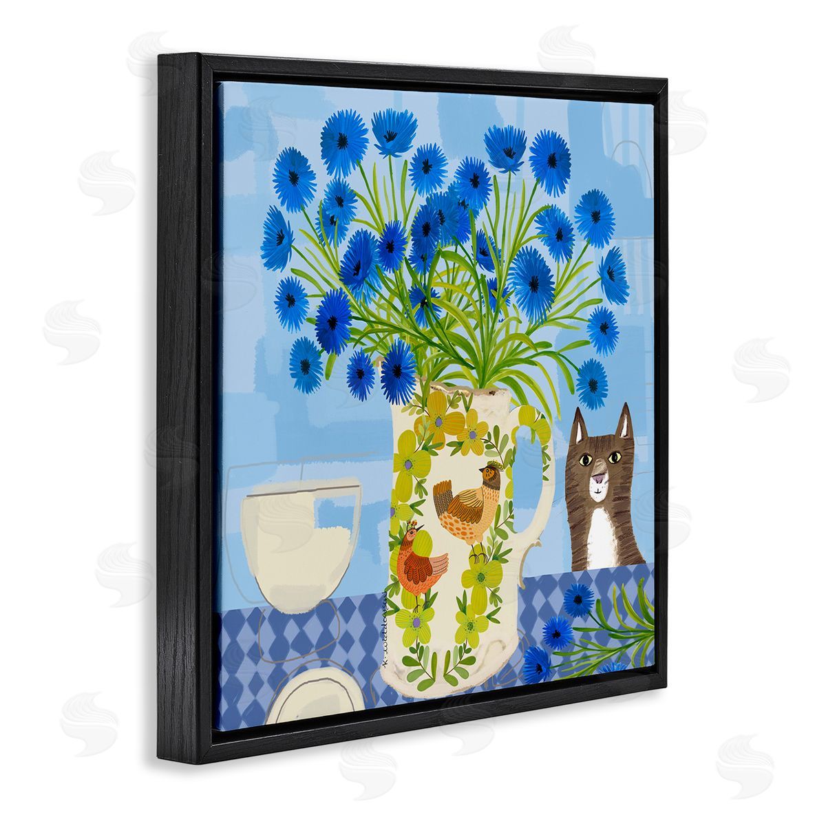 Whimsical Jug of Cornflowers Black Floating Frame Canvas Wall Art, Home Decor by Kay Widdowson