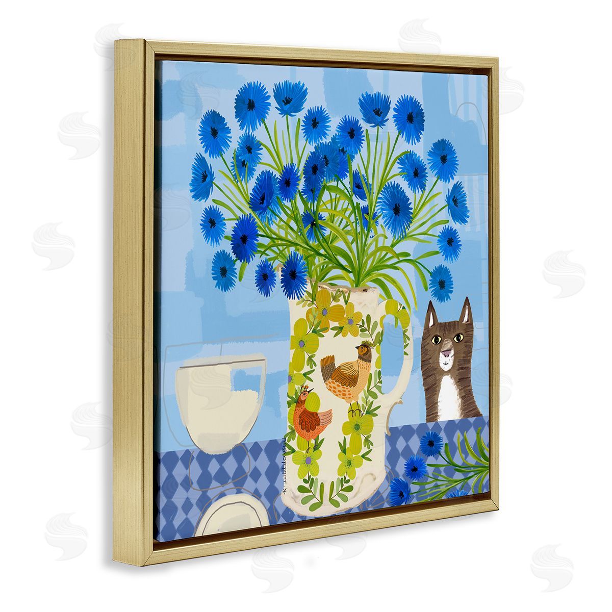 Whimsical Jug of Cornflowers Gold Floating Frame Canvas Wall Art, Home Decor by Kay Widdowson