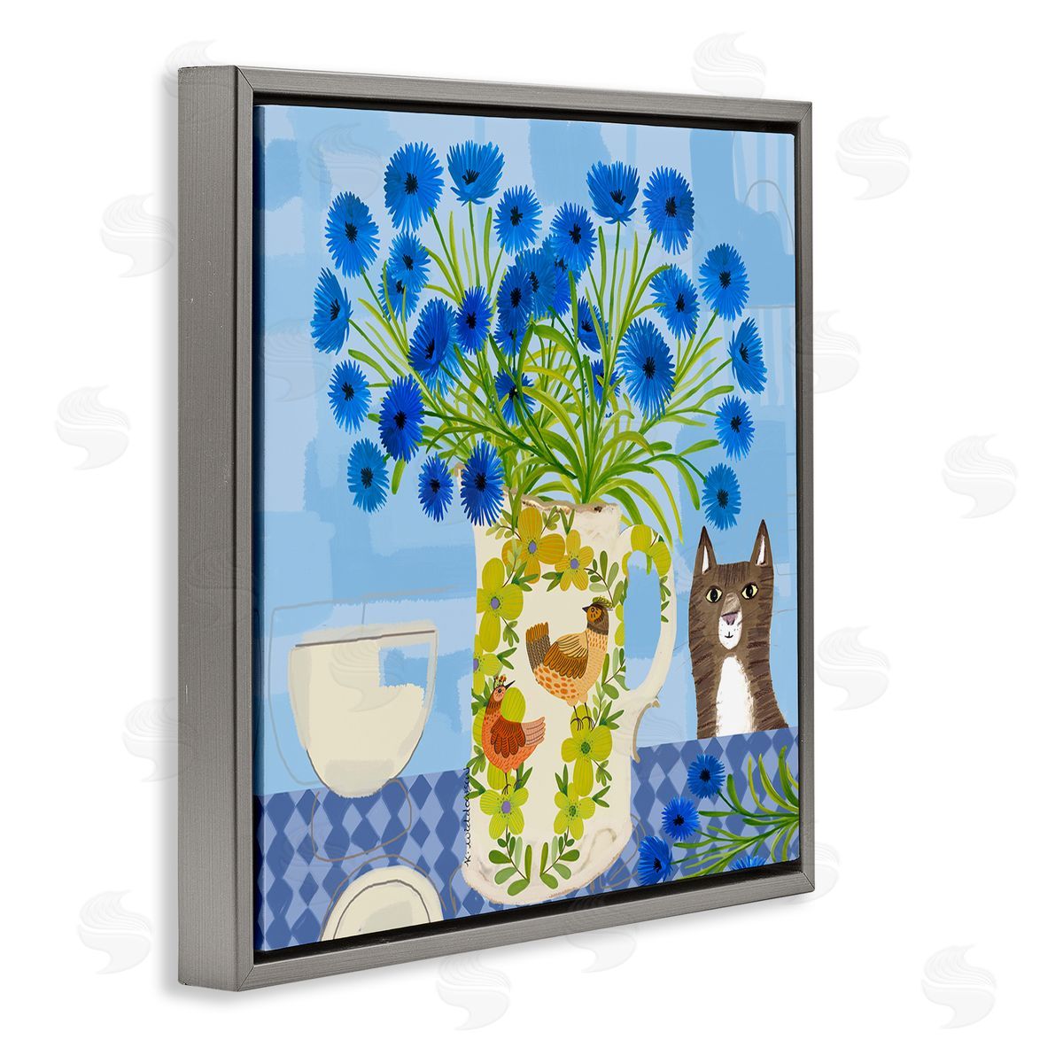 Whimsical Jug of Cornflowers Grey Floating Frame Canvas Wall Art, Home Decor by Kay Widdowson
