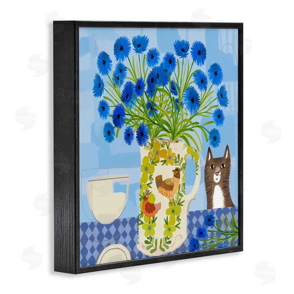 Whimsical Jug of Cornflowers Black Frame Print Wall Art, Home Decor by Kay Widdowson