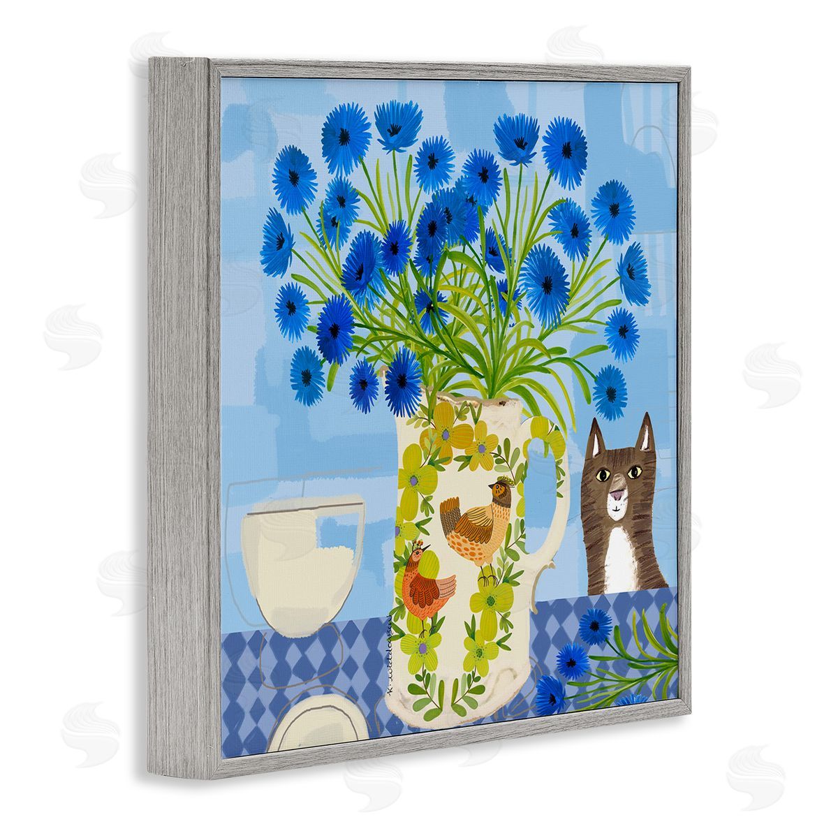 Whimsical Jug of Cornflowers Grey Frame Print Wall Art, Home Decor by Kay Widdowson