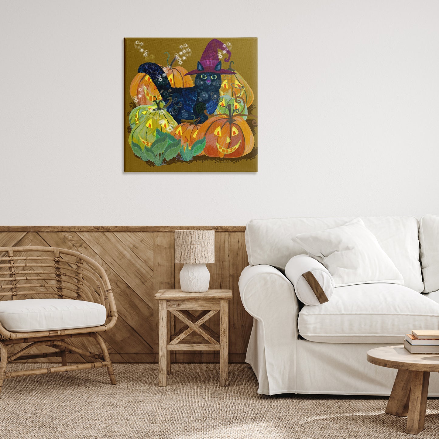 Cat with Jack-o-Lanterns Canvas Wall Art in Room, Home Decor by Kay Widdowson