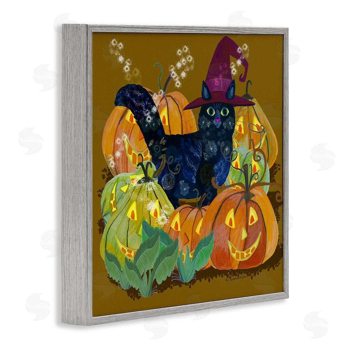 Cat with Jack-o-Lanterns Grey Frame Print Wall Art, Home Decor by Kay Widdowson