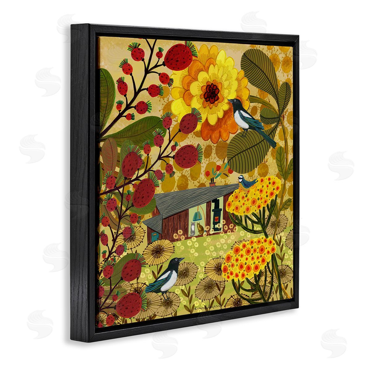 Warm Autumnal Cottage Black Floating Frame Canvas Wall Art, Home Decor by Kay Widdowson