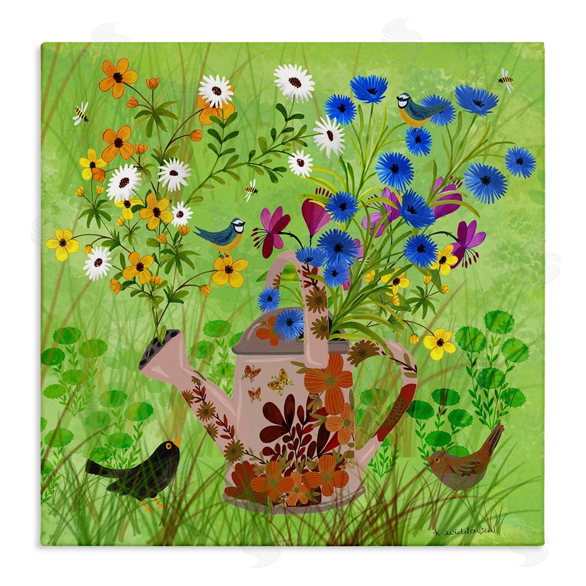 Bright Gardening Can & Birds Canvas Wall Art, Home Decor by Kay Widdowson