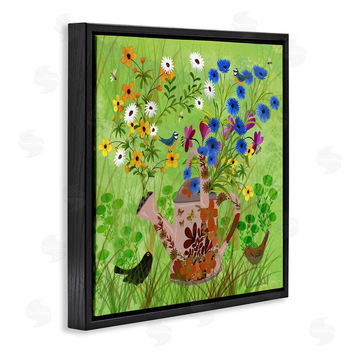 Bright Gardening Can & Birds Black Floating Frame Canvas Wall Art, Home Decor by Kay Widdowson