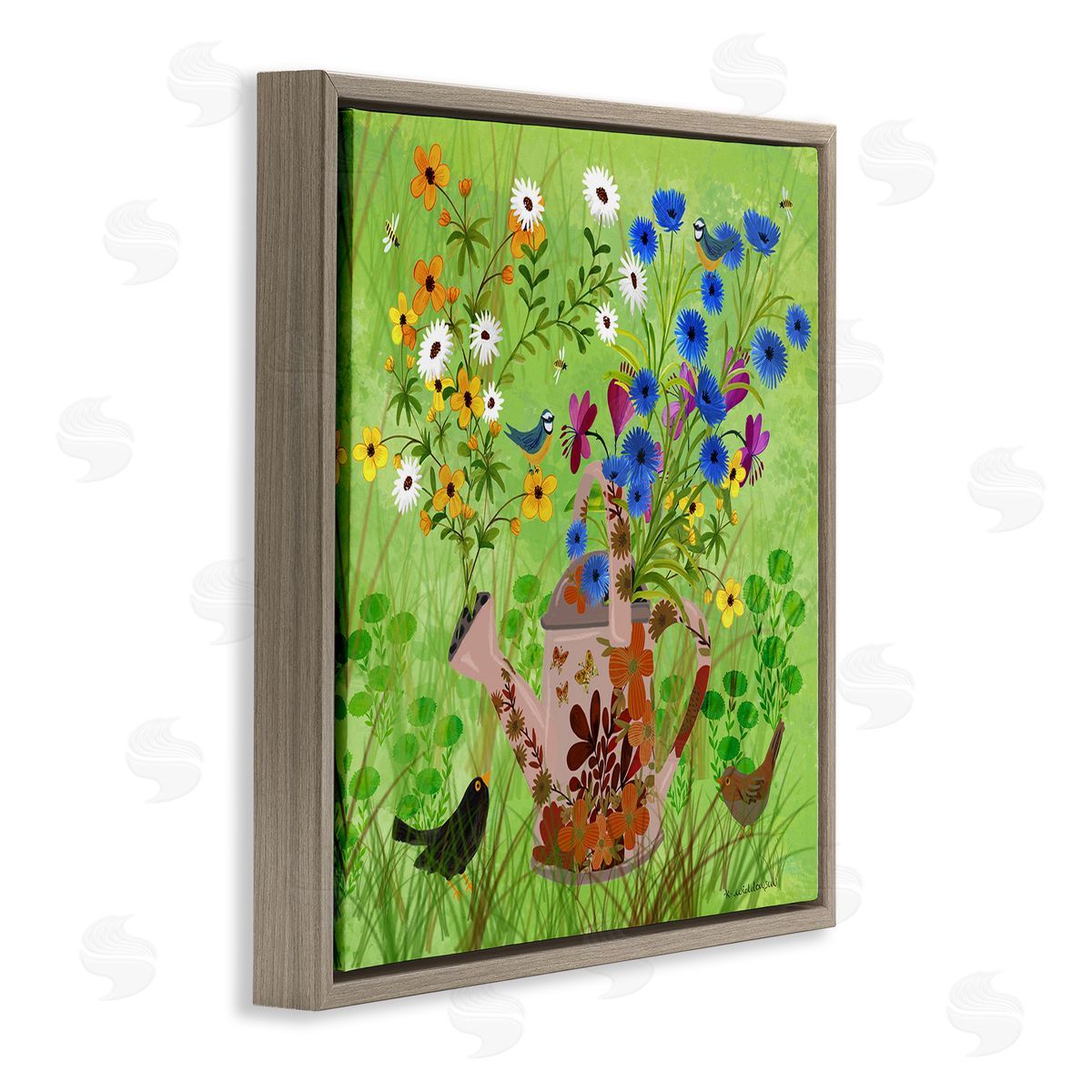 Bright Gardening Can & Birds Brown Floating Frame Canvas Wall Art, Home Decor by Kay Widdowson