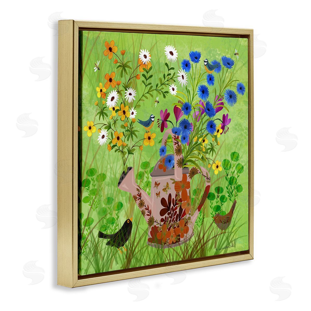 Bright Gardening Can & Birds Gold Floating Frame Canvas Wall Art, Home Decor by Kay Widdowson