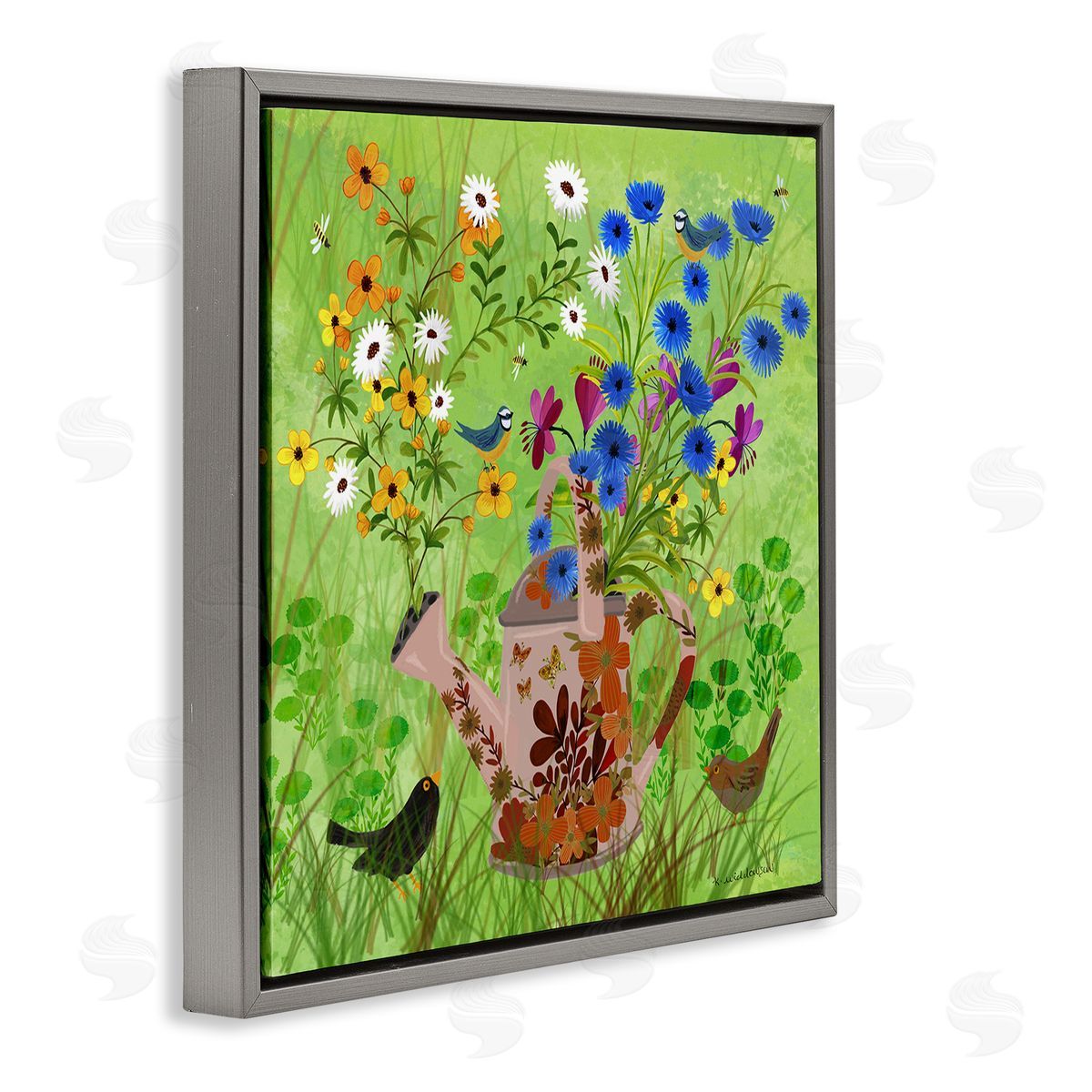 Bright Gardening Can & Birds Grey Floating Frame Canvas Wall Art, Home Decor by Kay Widdowson