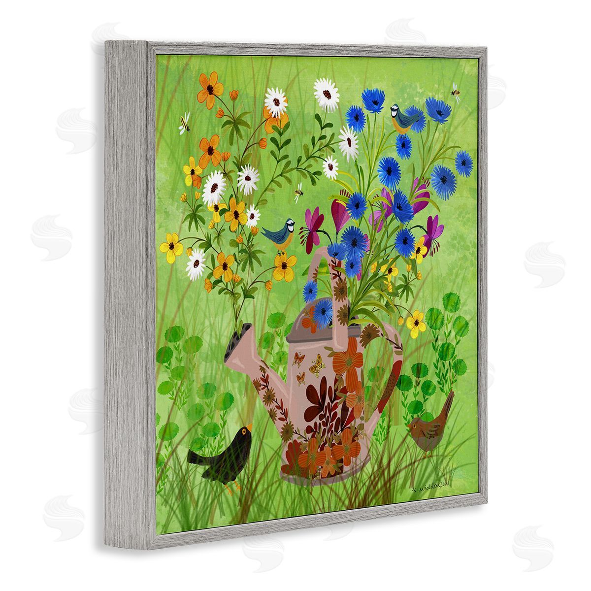 Bright Gardening Can & Birds Grey Frame Print Wall Art, Home Decor by Kay Widdowson