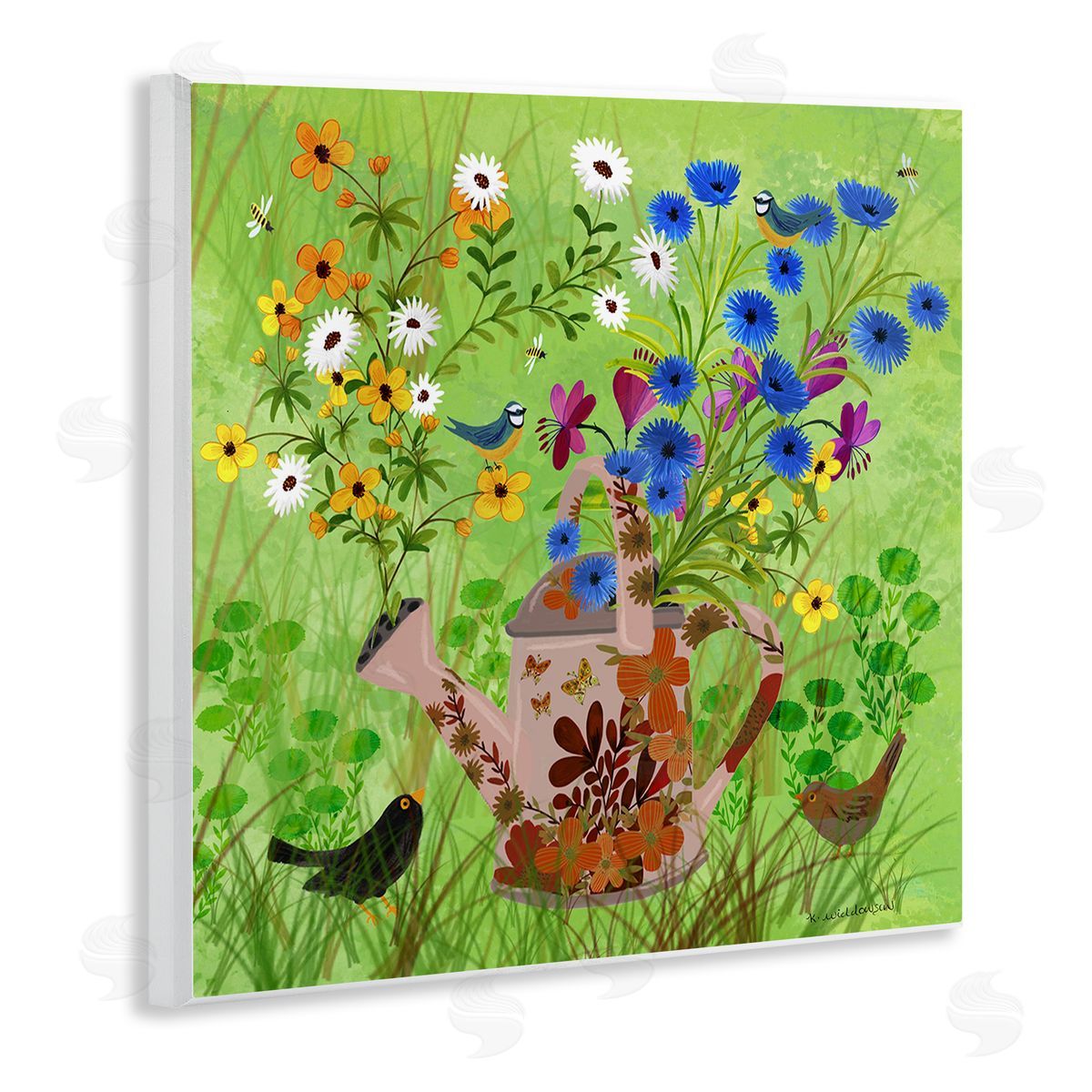 Bright Gardening Can & Birds Wood Plaque Wall Art, Home Decor by Kay Widdowson
