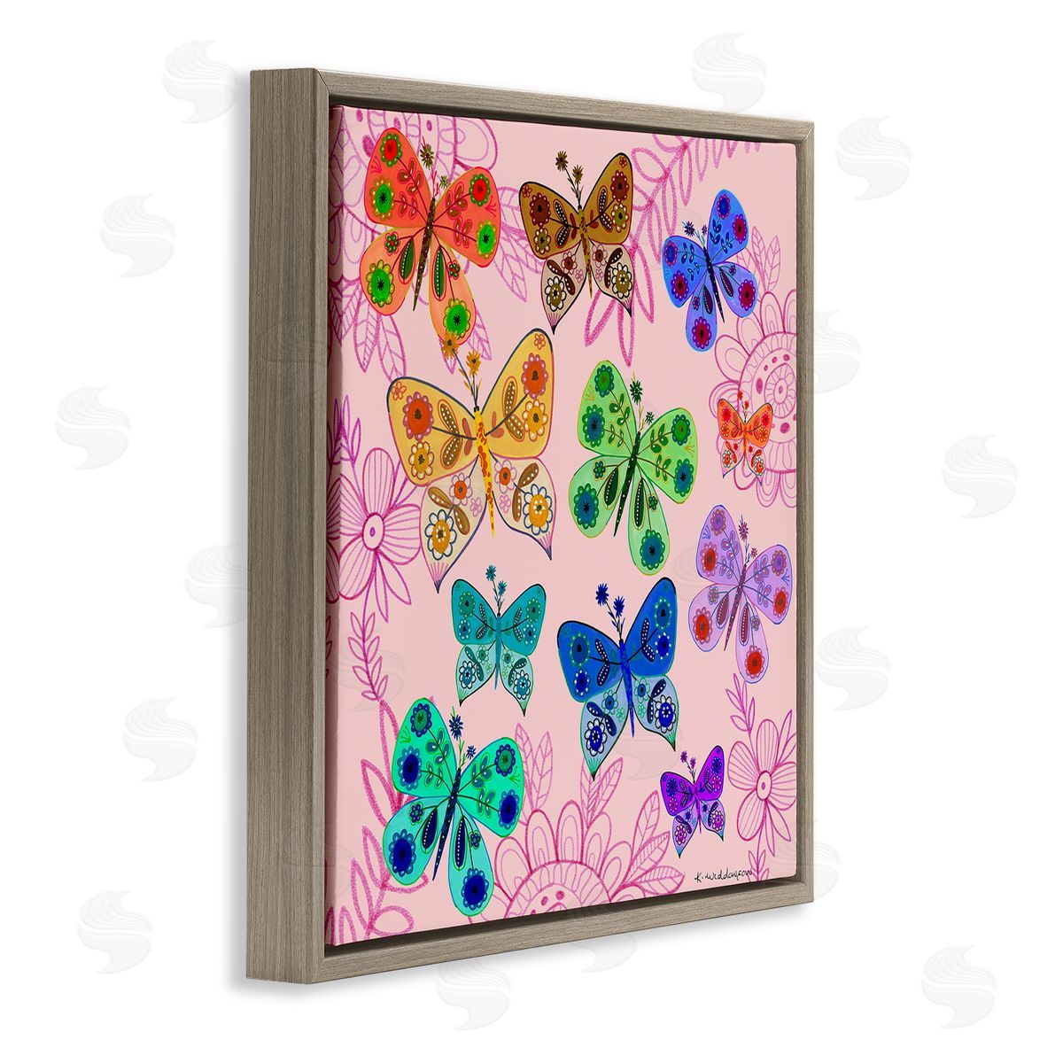 Bright Patterned Butterflies Brown Floating Frame Canvas Wall Art, Home Decor by Kay Widdowson