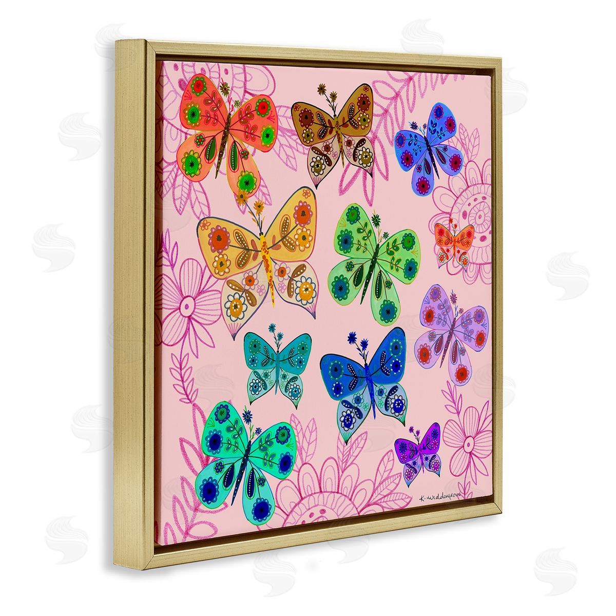 Bright Patterned Butterflies Gold Floating Frame Canvas Wall Art, Home Decor by Kay Widdowson