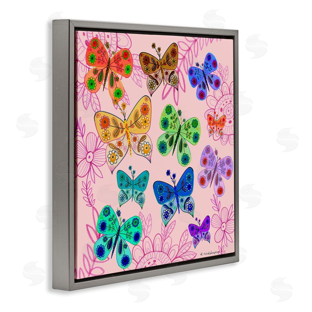 Bright Patterned Butterflies Grey Floating Frame Canvas Wall Art, Home Decor by Kay Widdowson