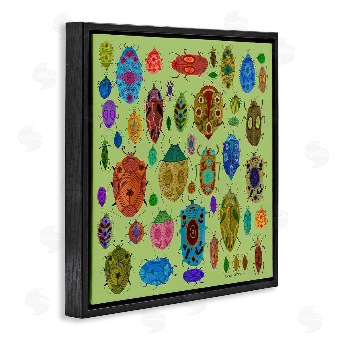 Flowery Bugs & Insects Black Floating Frame Canvas Wall Art, Home Decor by Kay Widdowson