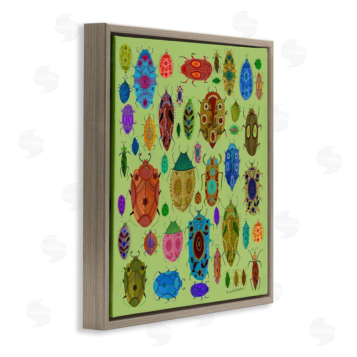 Flowery Bugs & Insects Brown Floating Frame Canvas Wall Art, Home Decor by Kay Widdowson