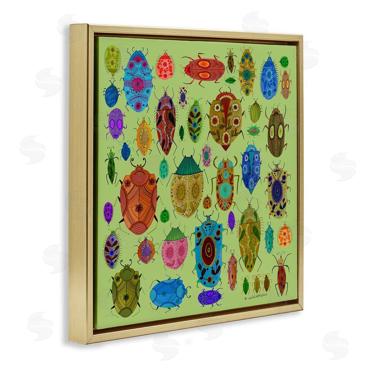 Flowery Bugs & Insects Gold Floating Frame Canvas Wall Art, Home Decor by Kay Widdowson