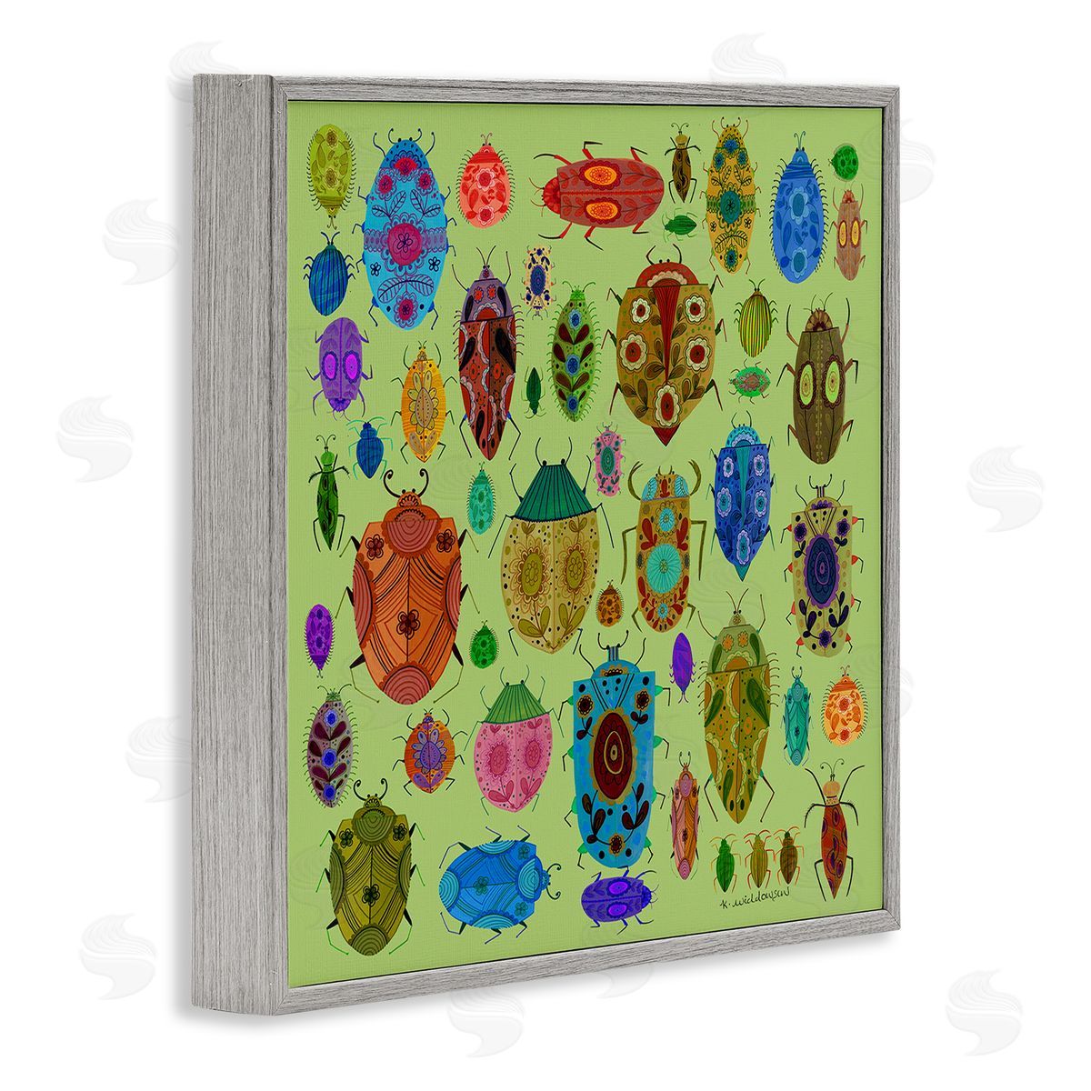 Flowery Bugs & Insects Grey Frame Print Wall Art, Home Decor by Kay Widdowson
