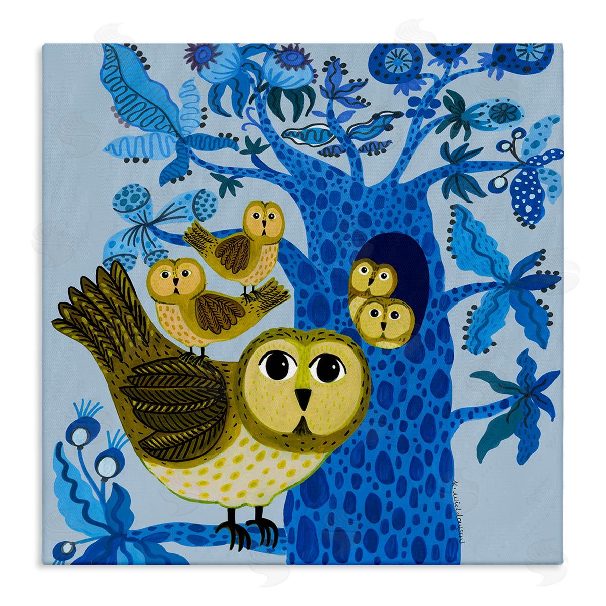 Playful Owls in Tree Canvas Wall Art, Home Decor by Kay Widdowson