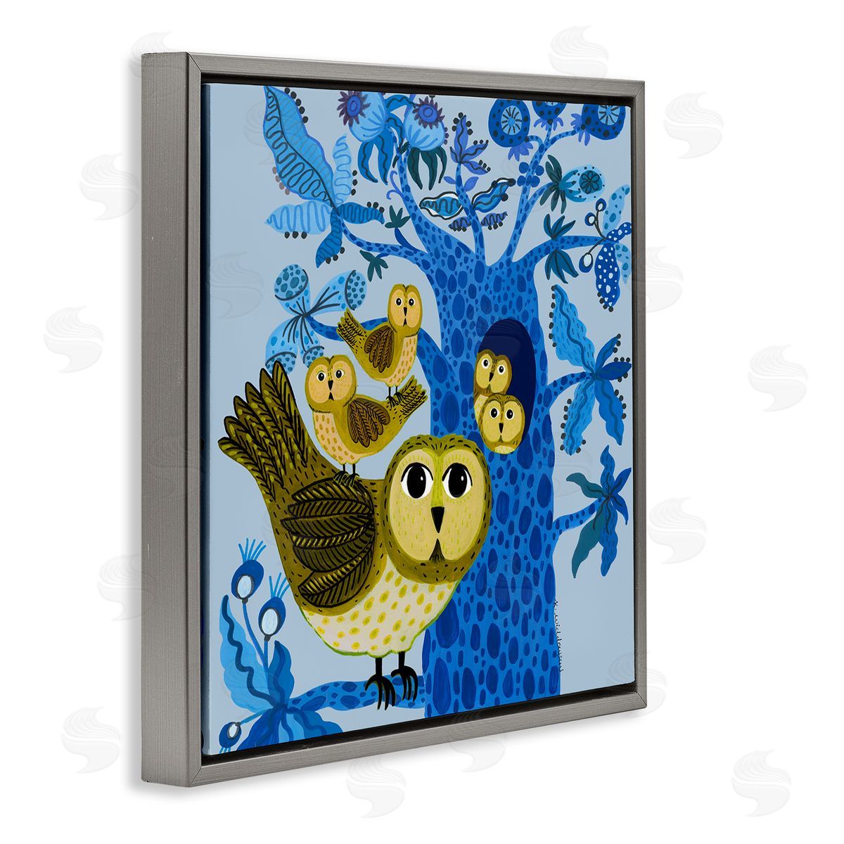 Playful Owls in Tree Grey Floating Frame Canvas Wall Art, Home Decor by Kay Widdowson