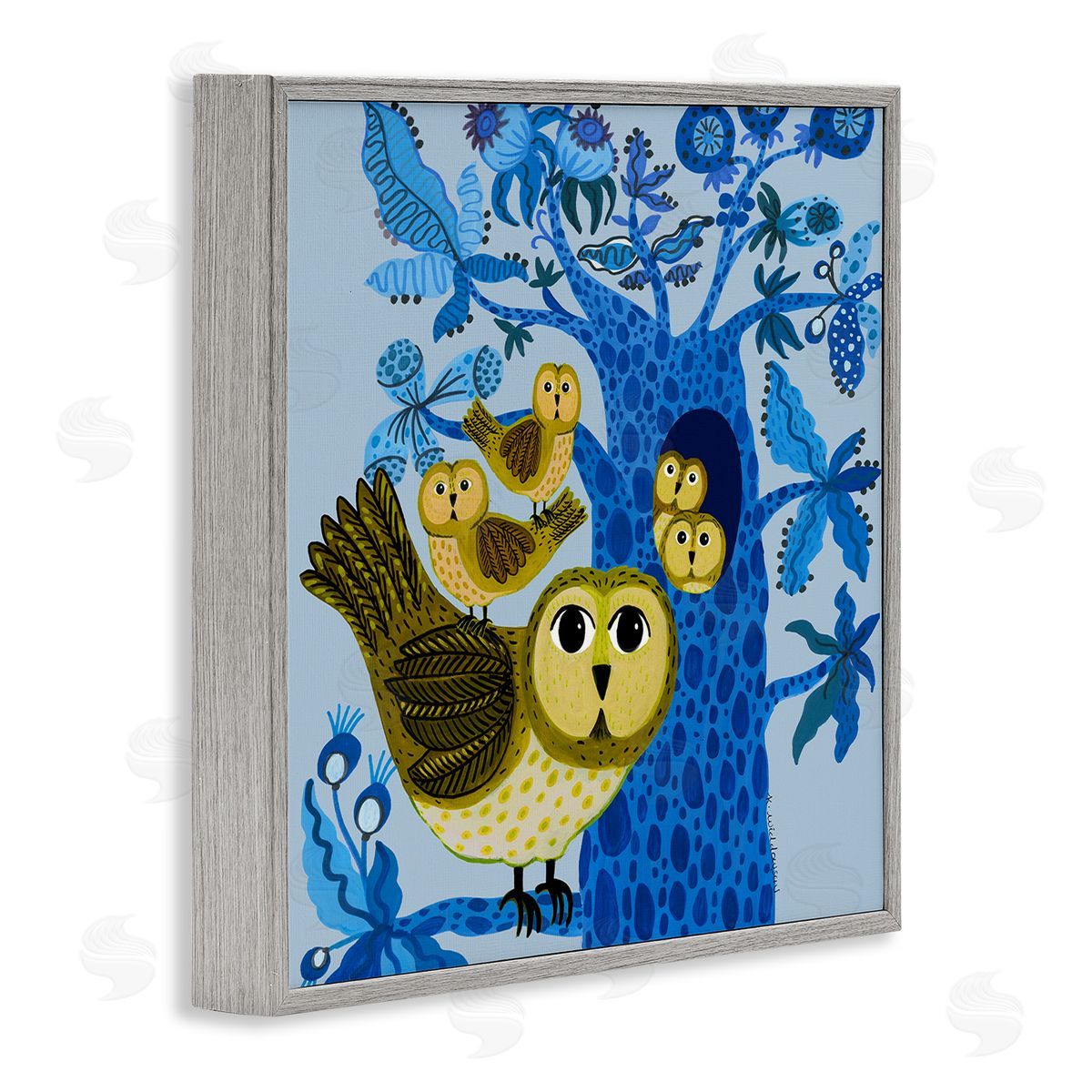 Playful Owls in Tree Grey Frame Print Wall Art, Home Decor by Kay Widdowson