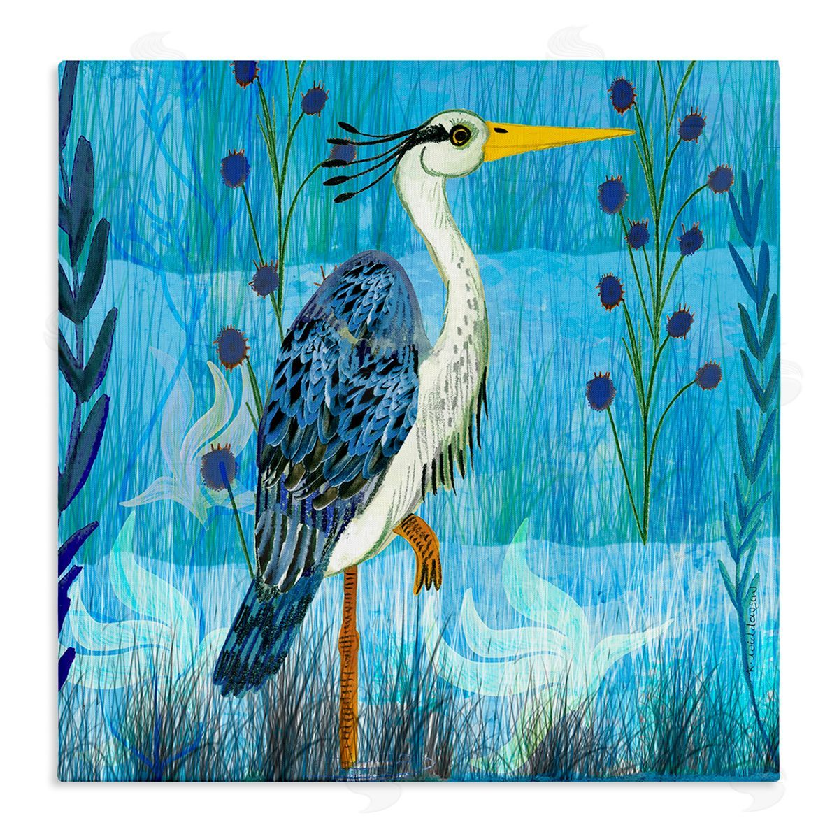 Standing Crane with Blue Tones Canvas Wall Art, Home Decor by Kay Widdowson
