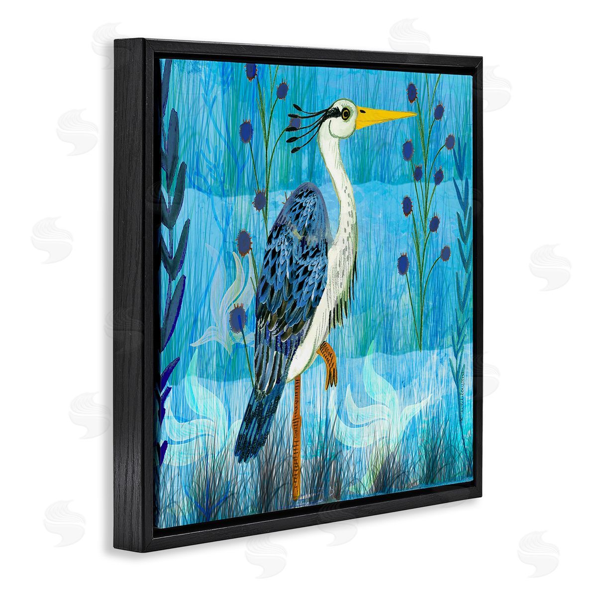 Standing Crane with Blue Tones Black Floating Frame Canvas Wall Art, Home Decor by Kay Widdowson