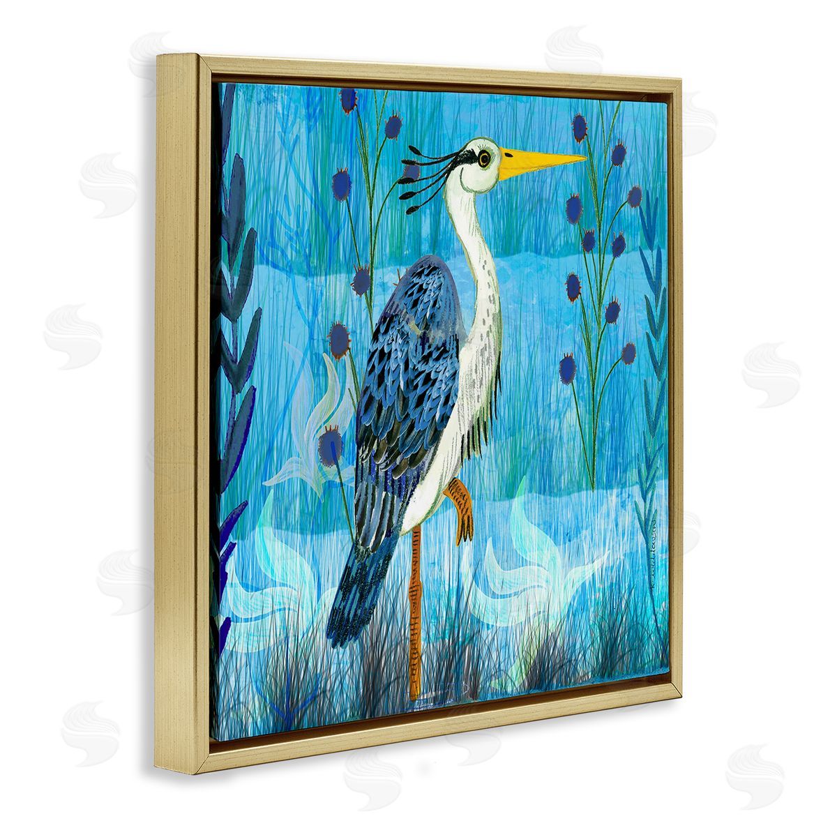 Standing Crane with Blue Tones Gold Floating Frame Canvas Wall Art, Home Decor by Kay Widdowson