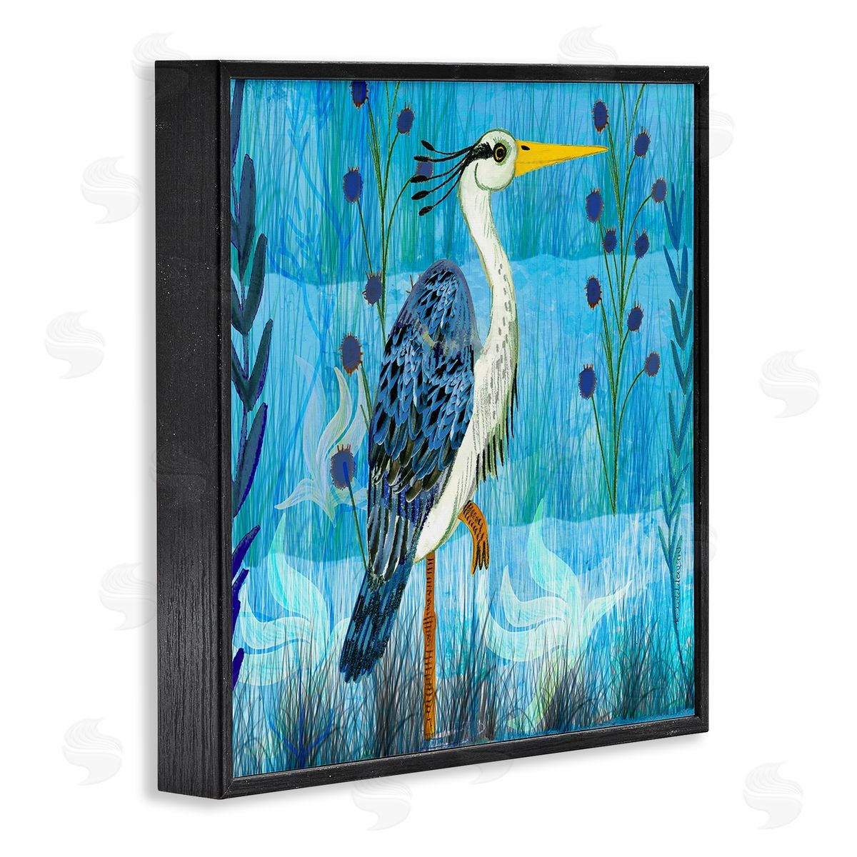 Standing Crane with Blue Tones Black Frame Print Wall Art, Home Decor by Kay Widdowson