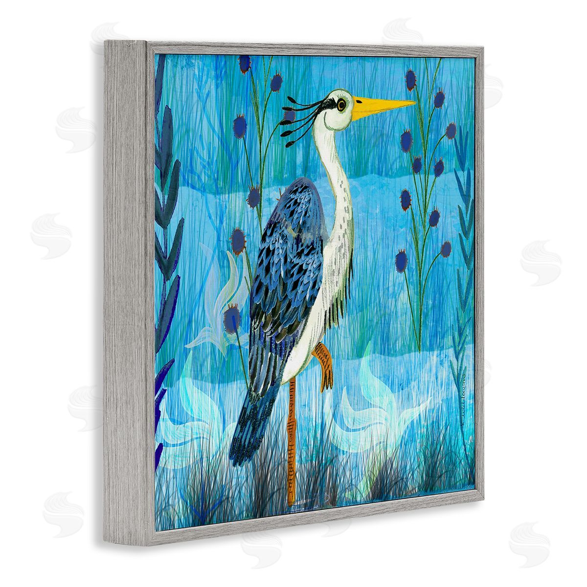 Standing Crane with Blue Tones Grey Frame Print Wall Art, Home Decor by Kay Widdowson