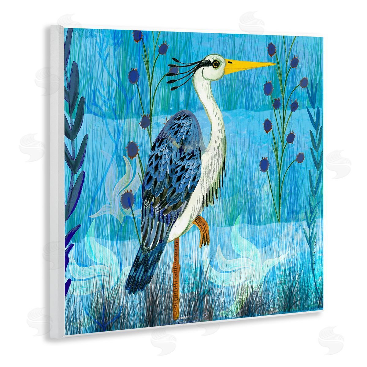 Standing Crane with Blue Tones Wood Plaque Wall Art, Home Decor by Kay Widdowson