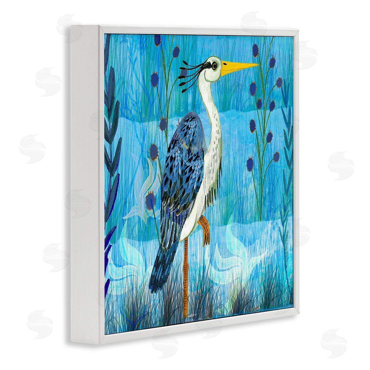 Standing Crane with Blue Tones White Frame Print Wall Art, Home Decor by Kay Widdowson