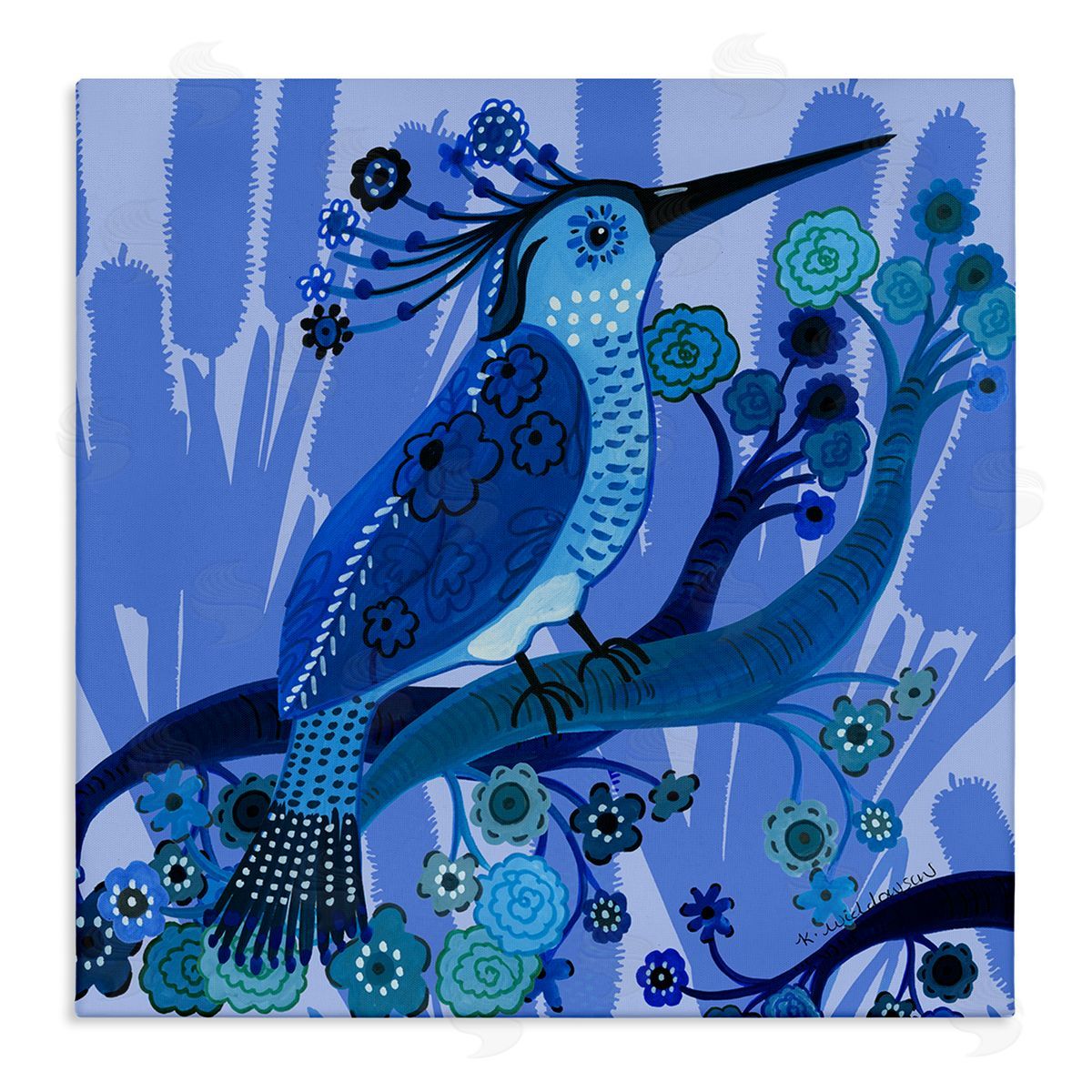 Folk Style Blue Bird Canvas Wall Art, Home Decor by Kay Widdowson