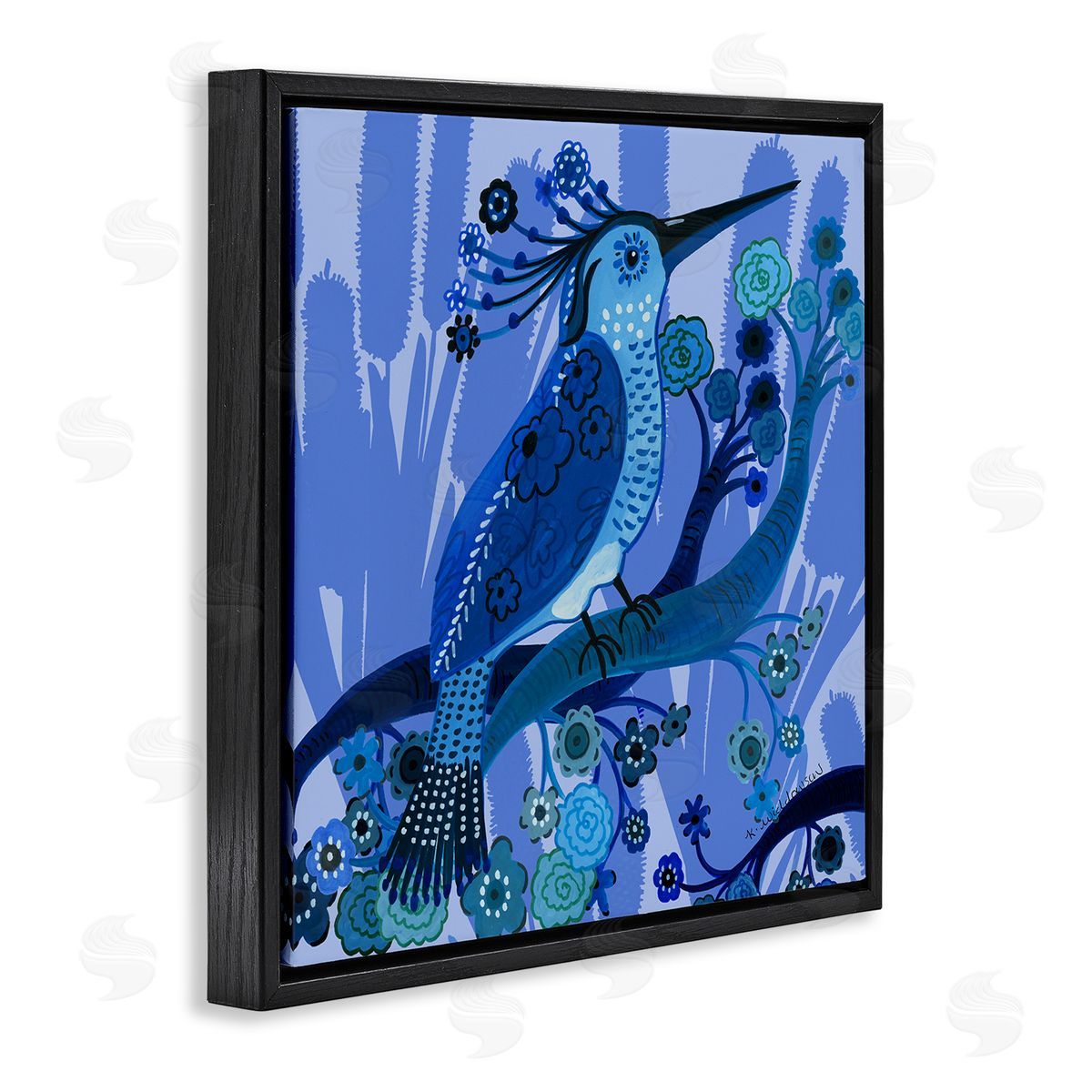 Folk Style Blue Bird Black Floating Frame Canvas Wall Art, Home Decor by Kay Widdowson