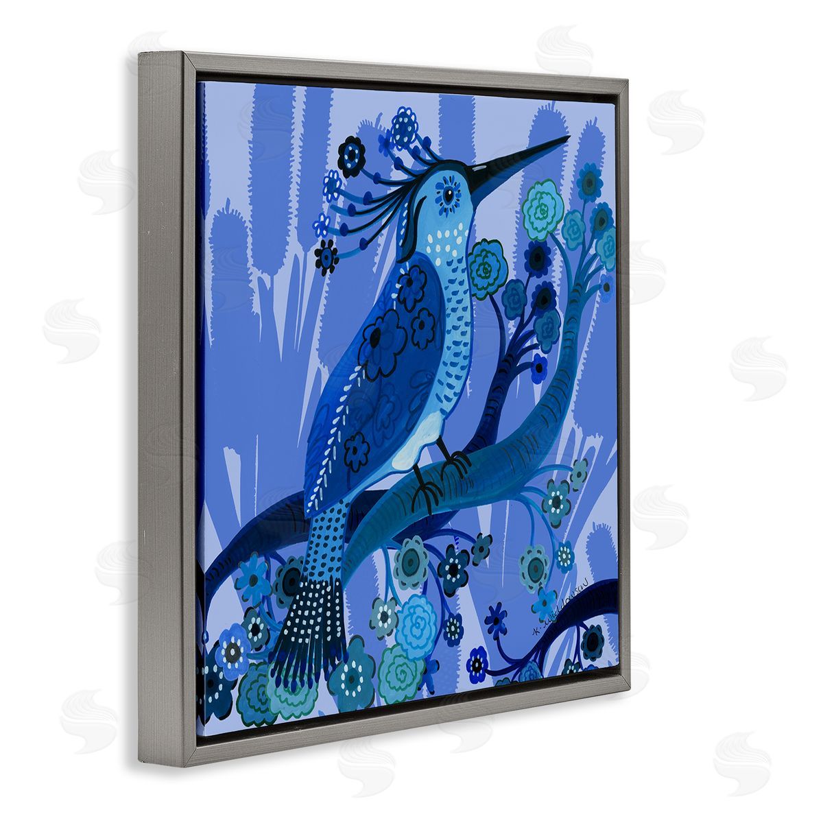 Folk Style Blue Bird Grey Floating Frame Canvas Wall Art, Home Decor by Kay Widdowson