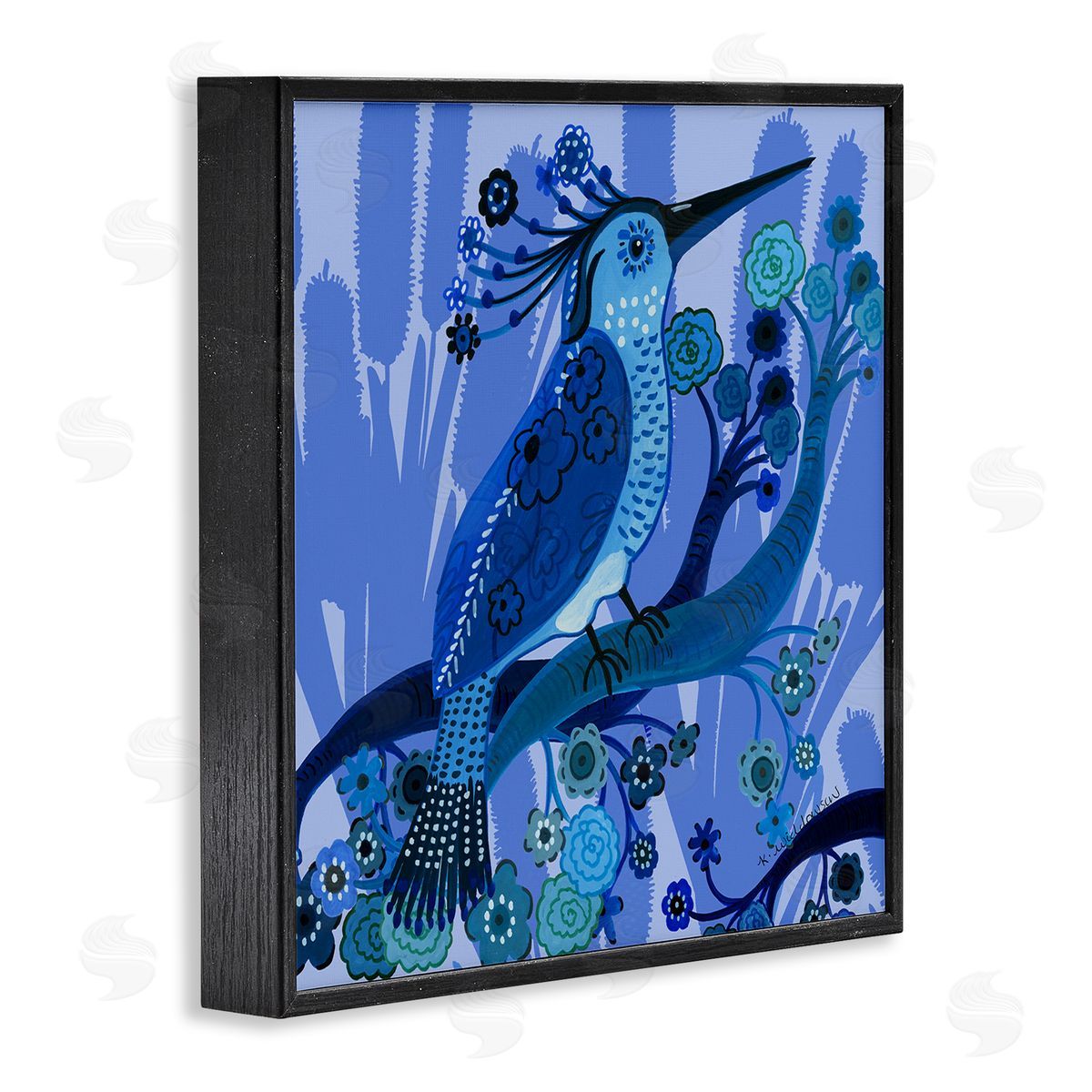 Folk Style Blue Bird Black Frame Print Wall Art, Home Decor by Kay Widdowson