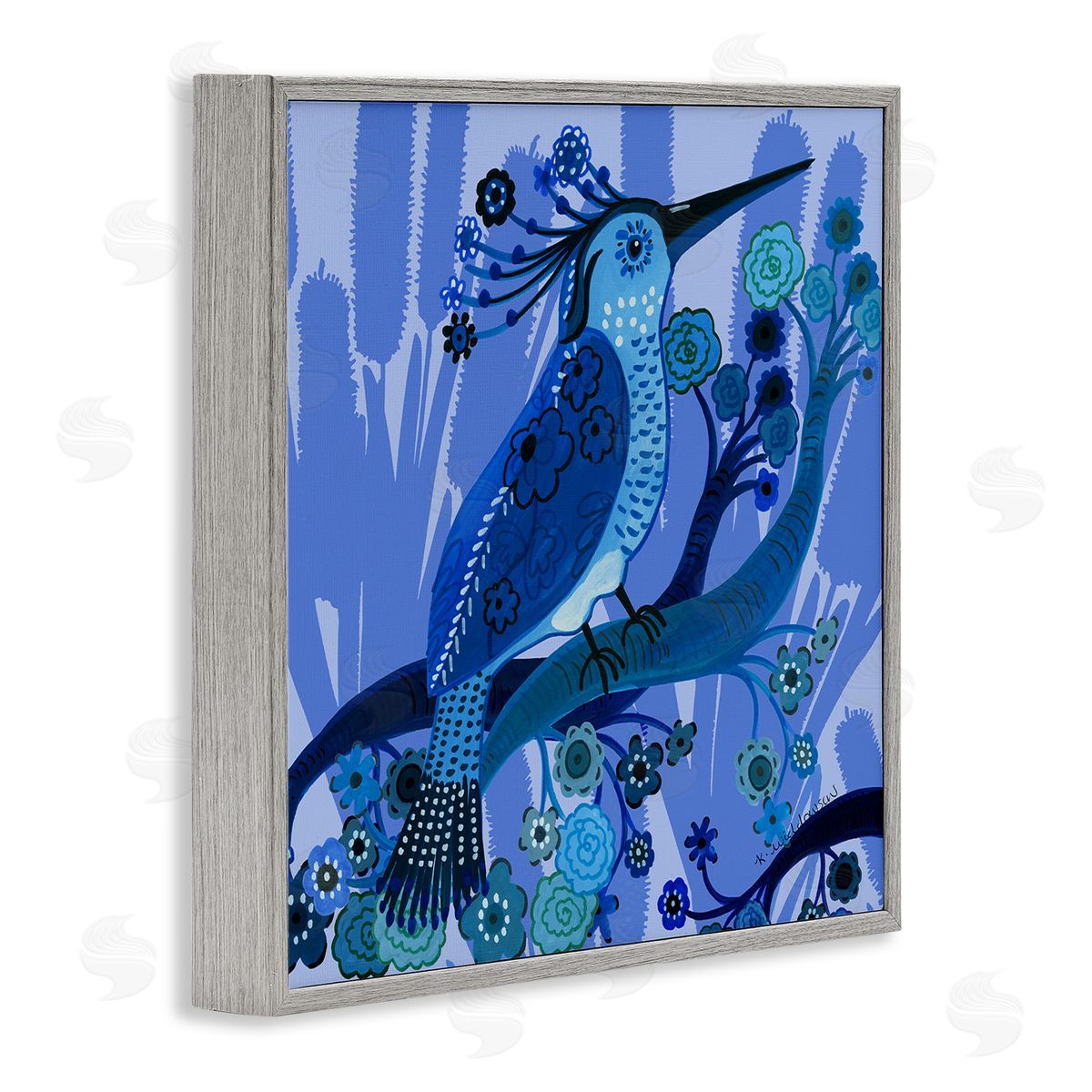 Folk Style Blue Bird Grey Frame Print Wall Art, Home Decor by Kay Widdowson