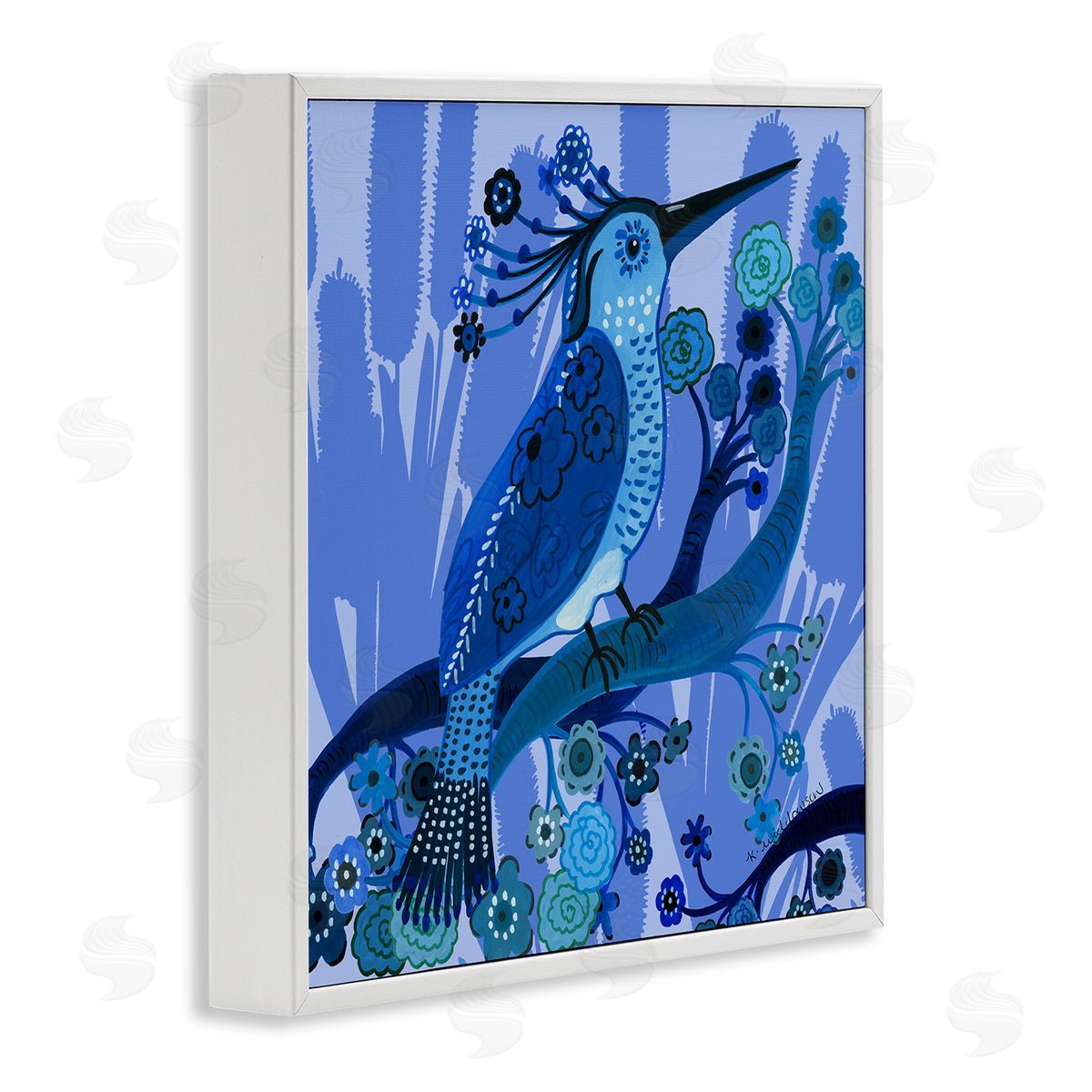 Folk Style Blue Bird White Frame Print Wall Art, Home Decor by Kay Widdowson