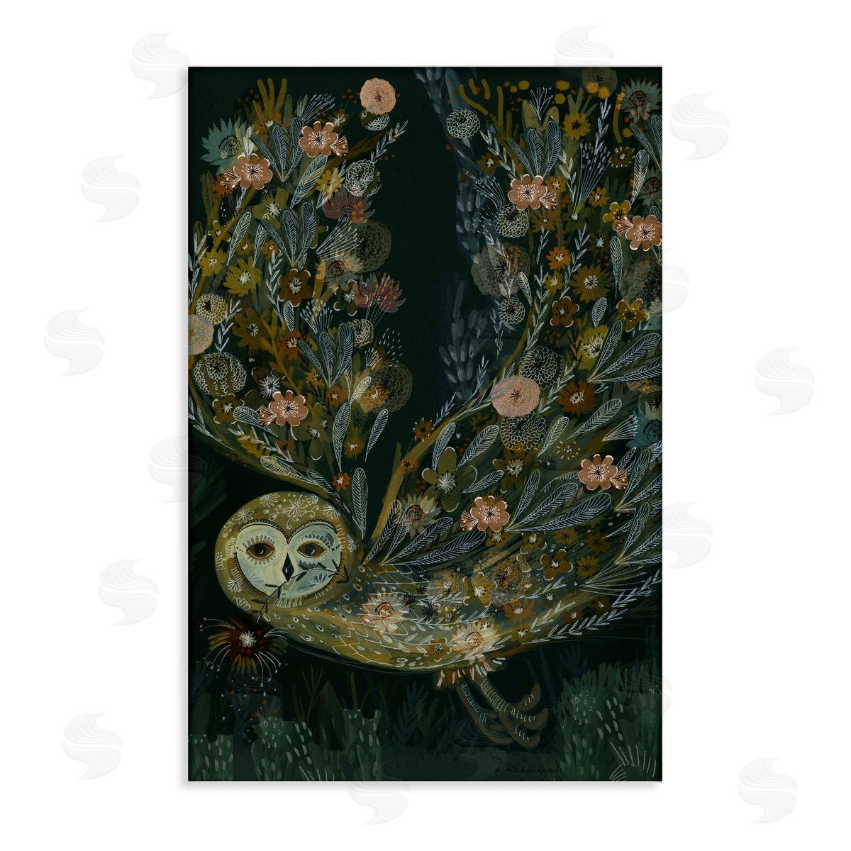 Floral Folk Barn Owl Canvas Wall Art, Home Decor by Kay Widdowson